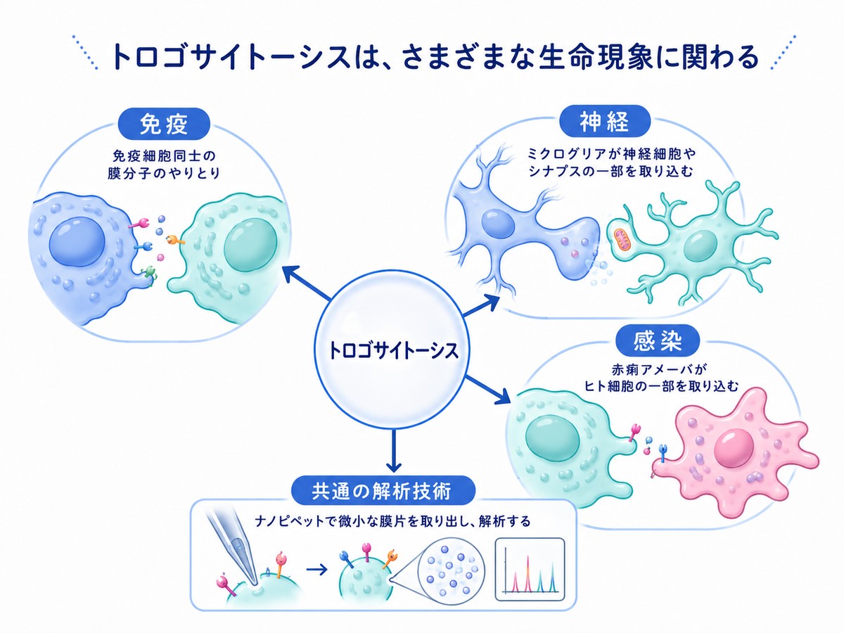 トロゴサイトーシスは免疫・神経・感染のさまざまな生命現象に関わり、ナノピペットという共通の解析技術でつながる